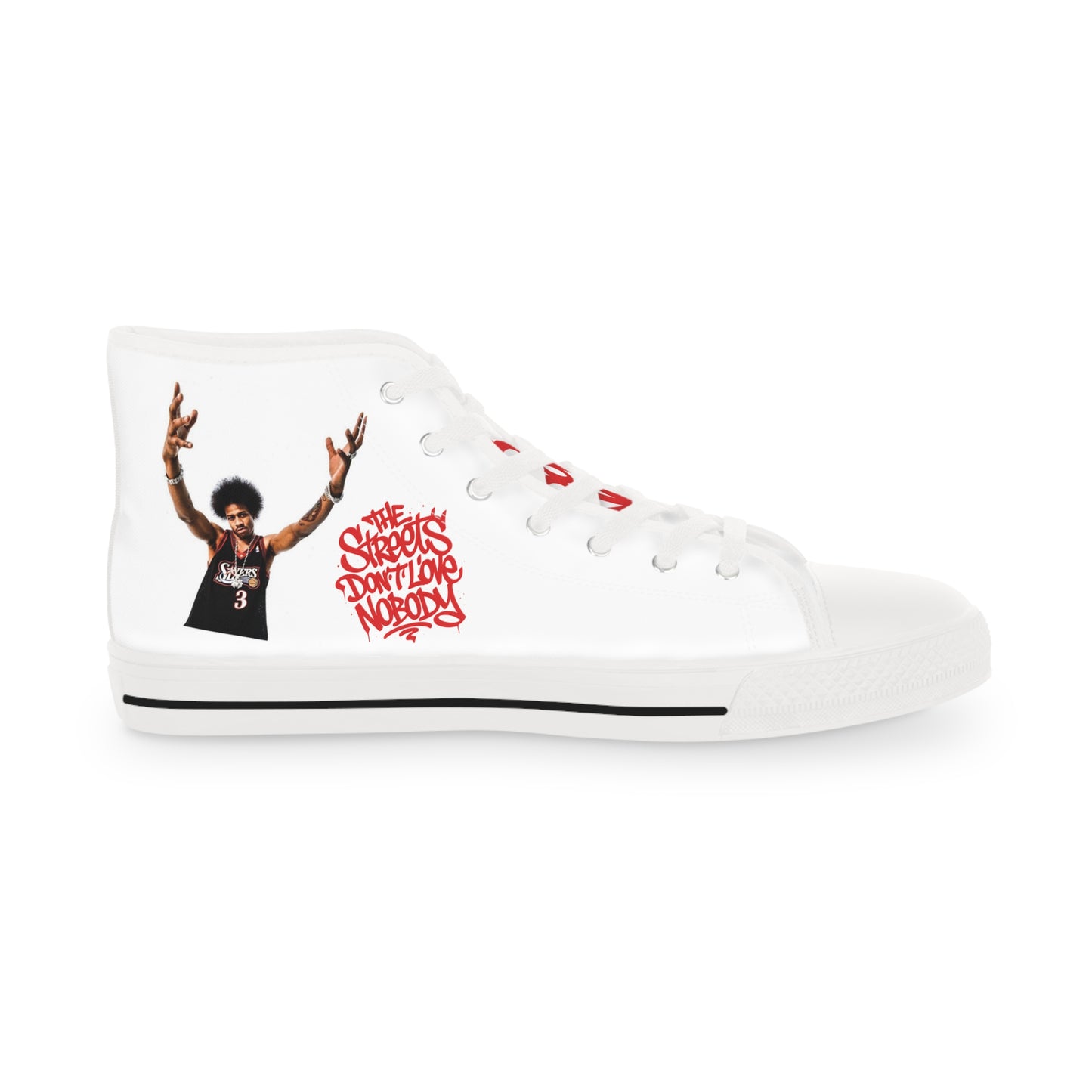 High Top Sneakers — White Canvas Men's Shoes with Red Script Accent