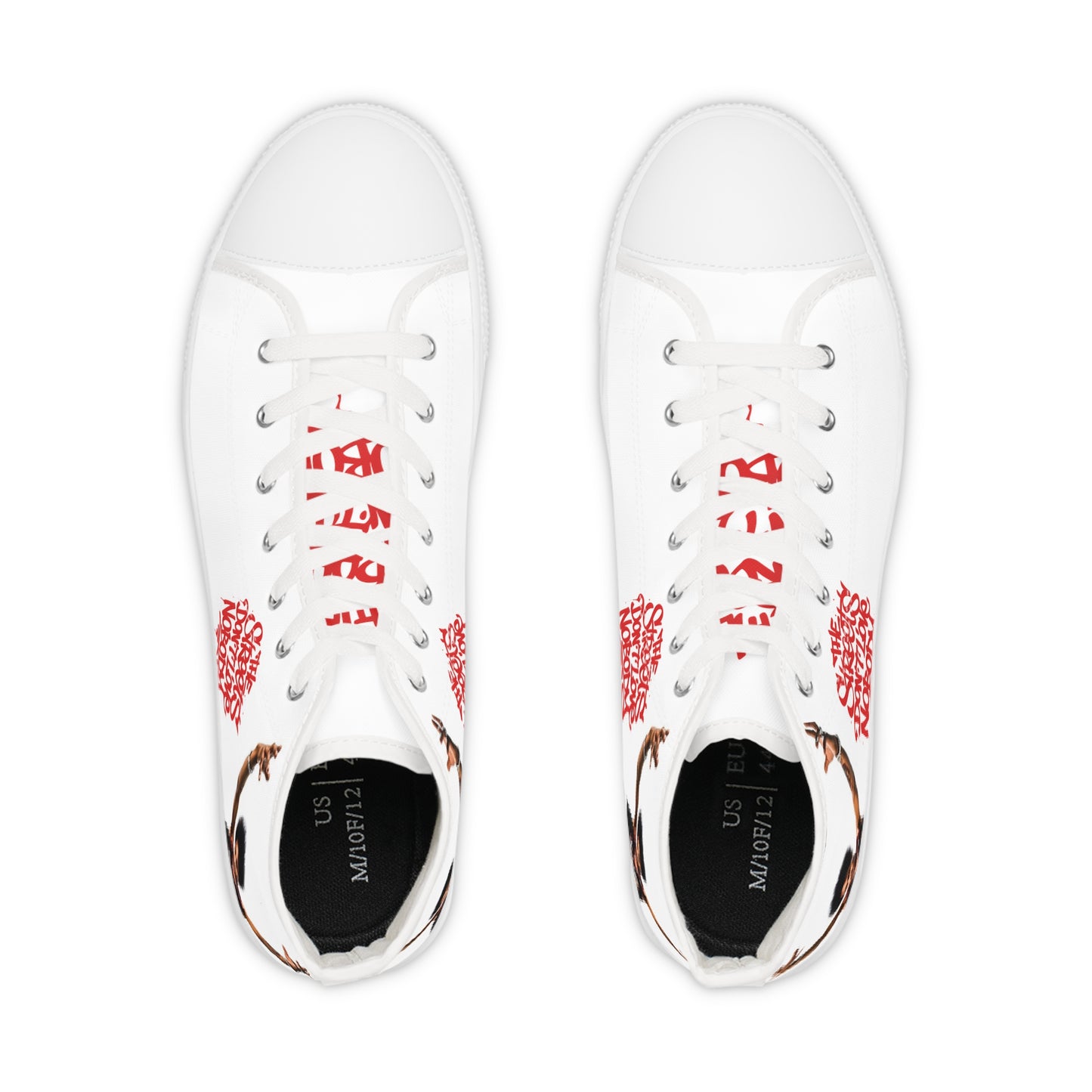 High Top Sneakers — White Canvas Men's Shoes with Red Script Accent