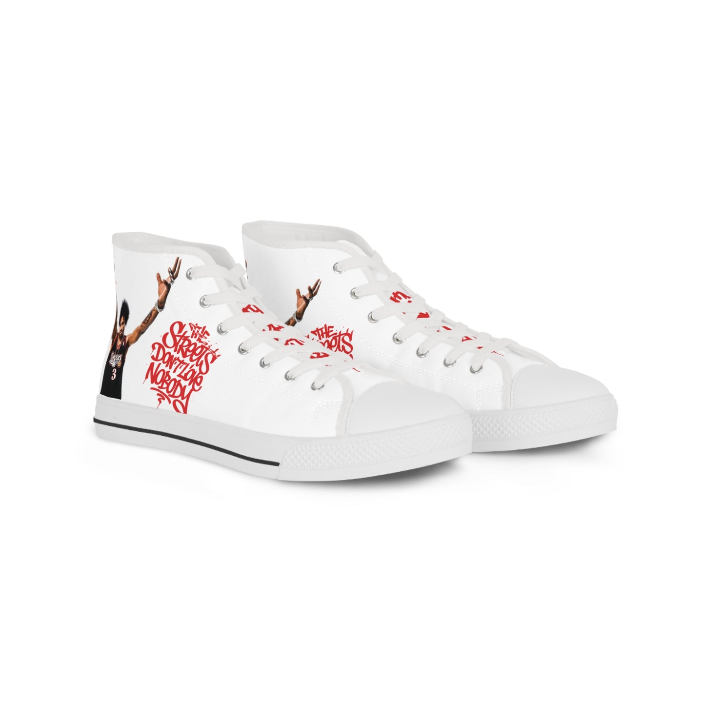 High Top Sneakers — White Canvas Men's Shoes with Red Script Accent