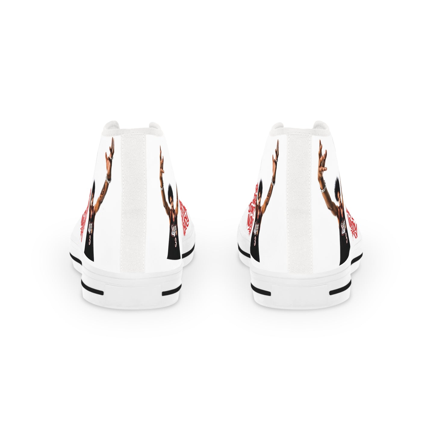 High Top Sneakers — White Canvas Men's Shoes with Red Script Accent